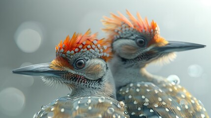 Poster -   A pair of birds perched adjacent, each with orange feathers atop their heads