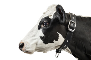 Side profile of a black and white cow wearing a leather collar, isolated on a white background.