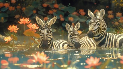 Poster -   Two zebras standing near a lake with flowers