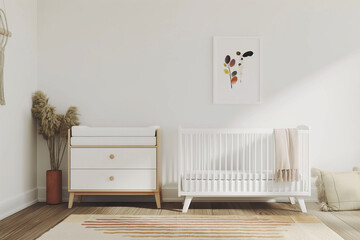 Wall Mural - baby crib in a room, A child nursery room featuring a poster mockup on a white interior background. 