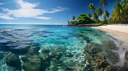 Wall Mural - Panoramic view of Seychelles beach with turquoise water