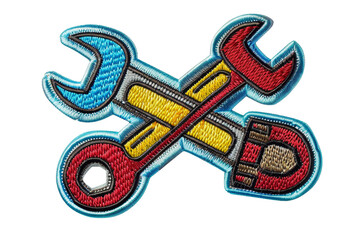 colorful embroidered patches of crossed wrench and screwdriver symbols. perfect for diy and crafting