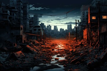 Illustration of a desolate post-apocalyptic cityscape at dusk with dilapidated buildings, abandoned streets, and a dramatic red sky