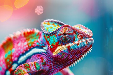 A colorful chameleon is close up and in focus, with a blurred pink and orange background