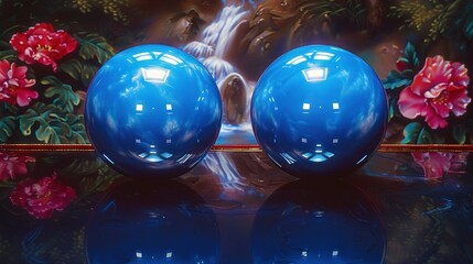 Wall Mural -   A few blue balls rest atop a table, beside a painting of a waterfall and pink blossoms