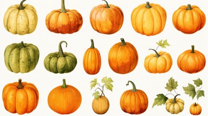 Wall Mural - A watercolor of pumpkins clipart, isolated on white background