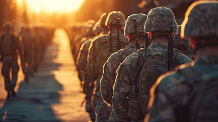 A line of soldiers in camouflage gear marching towards a beautiful sunset, showcasing unity, discipline, and the essence of military life.