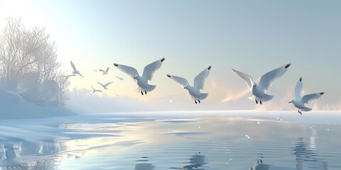 Wall Mural - Chilled Migration: Birds in Flight Escaping Winter Chill for Balmy Destinations.