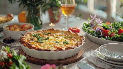 Delicious homemade quiche and fresh salad setup on a dining table by the window, accompanied by wine, flowers, and cutlery.