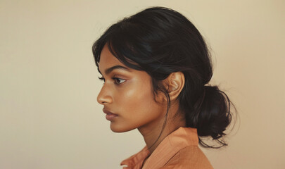 Wall Mural - Portrait of young beautiful Indian Asian woman on beige background. Natural beauty.	