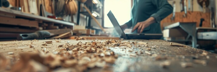 Close-up of a woodworkers workbench covered in sawdust, with a laptop computer in the background