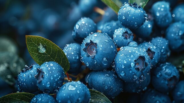   A close-up photo of blueberries with droplets of water on them and a green leaf in the foreground