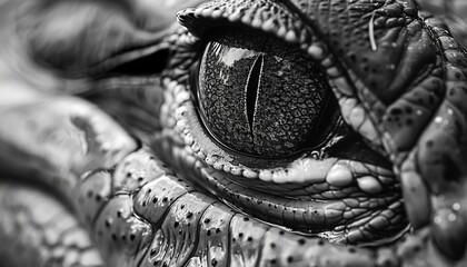 Poster - a black & white close shot, eye of an alligator