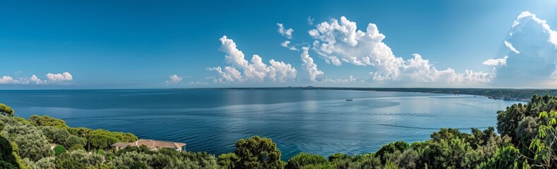 Wall Mural - A panoramic view overlooking the serene Mediterranean Sea, with lush greenery in the foreground and fluffy white clouds against a clear blue sky