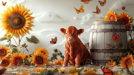 Poster -  A brown cow grazing near a sunflower field and a wooden barrel, with butterflies fluttering above