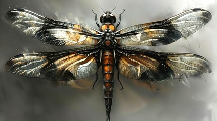 Poster -   A painting of a dragonfly perched atop paper against a monochromatic backdrop