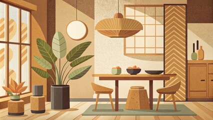 Sticker - Modern dining room with plants and wooden decor.