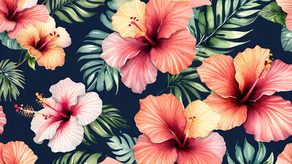 Elegant seamless pattern with watercolor hibiscus flowers, design elements. Floral tropical pattern for invitations, greeting cards, scrapbooking, print, gift wrap, manufacturing, textile.