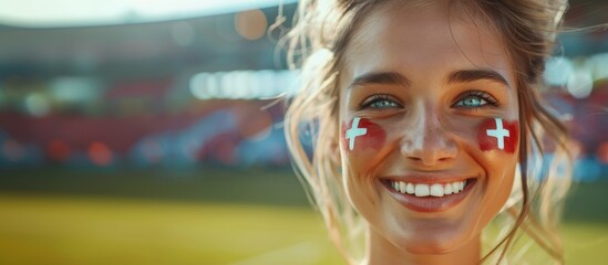 Wall Mural - Happy Female Football Fan Celebrating in a Football Stadium
