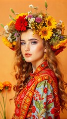 Wall Mural - a young woman with wavy hair adorned with a flower