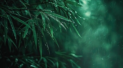 Poster - Close-up of lush green bamboo leaves with dew drops delicately hanging after a rain, creating a serene and refreshing natural scene.