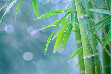 Poster - Close-up of bamboo stalk and leaves in the rain on a blue-green background, with water droplets capturing the serene essence of nature.