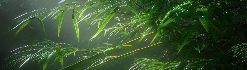 Poster - Lush green bamboo leaves with mist and water droplets, captured in a serene natural setting, perfect for nature and tranquility themes.