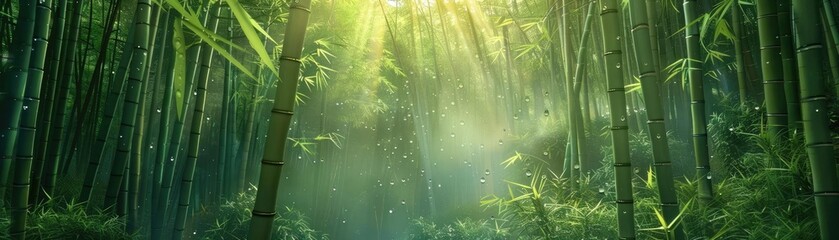 Poster - Serene bamboo forest with sunlight filtering through leaves, creating a tranquil and lush green natural environment.