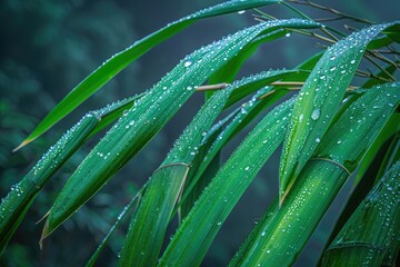 Fototapete - Close-up of bamboo leaves with water droplets in a foggy forest, showcasing nature's refreshing beauty and tranquility.
