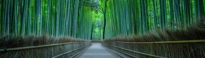 Aufkleber - Serene pathway through a lush bamboo forest with towering green bamboo stalks. Perfect for nature and tranquility themed designs.