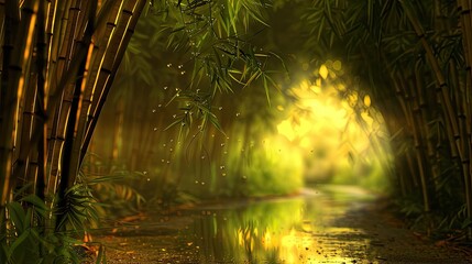Poster - Enchanting bamboo forest pathway with sunlight filtering through, creating a serene and mystical atmosphere perfect for nature enthusiasts.