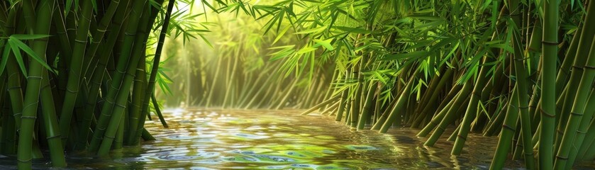 Poster - Serene bamboo forest with sunlight shining through the tall green stalks and reflecting on a tranquil stream in a peaceful natural setting.
