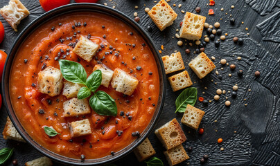 creamy tomato soup with bread croutons seen from above on a black table with copy space