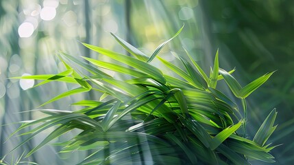 Poster - Close-up of vibrant green grass blades with a blurred background, capturing the natural beauty and tranquility of nature.