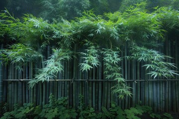 Aufkleber - Lush green bamboo leaves cascading over a bamboo fence in a dense forest, creating a serene and natural atmosphere of tranquility and beauty.