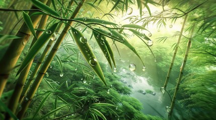 Poster - Serene bamboo forest with fresh morning dew and sunlight creating a tranquil natural atmosphere, ideal for peaceful nature scenes.