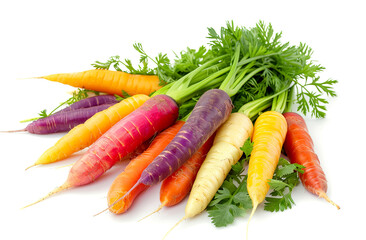 Wall Mural - Colorful carrot with leaves and water drops isolated on white background. Rainbow vegetable. Harvest concept