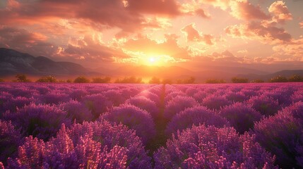 Wall Mural -   Lavender fields bathed in sunlight behind mountains, with clouds above