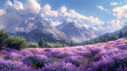 Wall Mural -  Purple mountains with blue sky & clouds