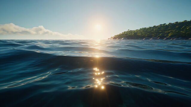 First-person perspective, realistic detailed picture, serene sea of water glowing 