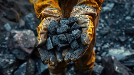 Coal miner Man wearing work gloves holding coal in hands over pile, top view. Coal mining or energy source, environment protection. Industrial coals. Volcanic rock.