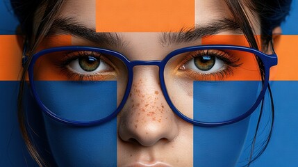 Poster -   A woman's face in close-up, with orange and blue squares on the forehead and glasses framing it