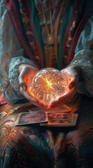 Mysterious hands holding a glowing crystal ball with tarot cards in the foreground, capturing mystical and magical vibes.