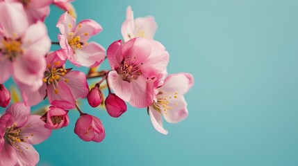 Wall Mural - Pink flowers beautiful petals against a blue backdrop with space for content Blooms of the season