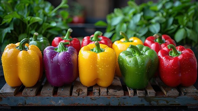   Peppers on wooden pallet with green background