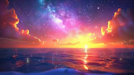   A painting depicting the sunset over a body of water with clouds and stars in the sky above it