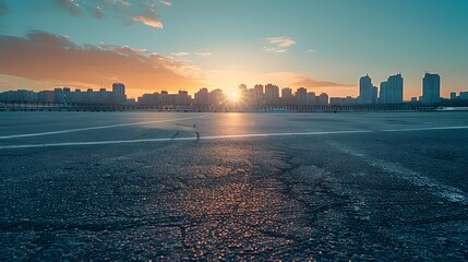 Empty asphalt road with city skyline and blue sky background at sunset.