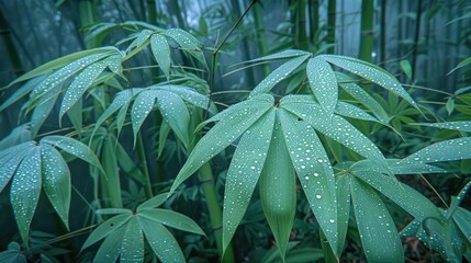Poster - Close-up of lush green leaves covered with water droplets in a misty bamboo forest, creating a serene and natural atmosphere.
