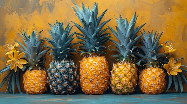   A line of pineapples rests beside one another on the blue-yellow countertop, adjacent to the yellow wall