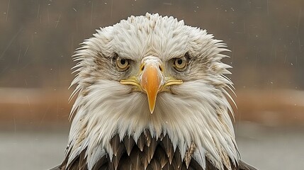 Poster -   A sharp image of a bald eagle with a glistening beak and a fuzzy backdrop